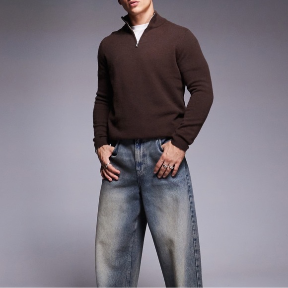 ASOS DESIGN lambswool quarter zip sweater in brown - Picture 2 of 6